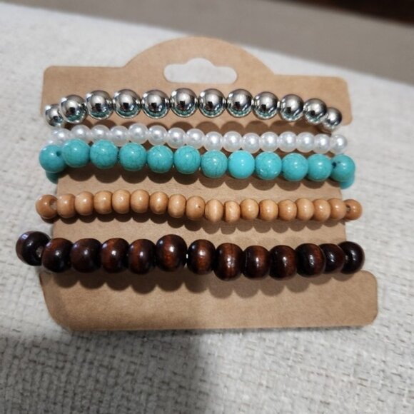 Nwt Womens Beaded Bracelet Set in Turquoise and Wood Tones - Picture 3 of 3